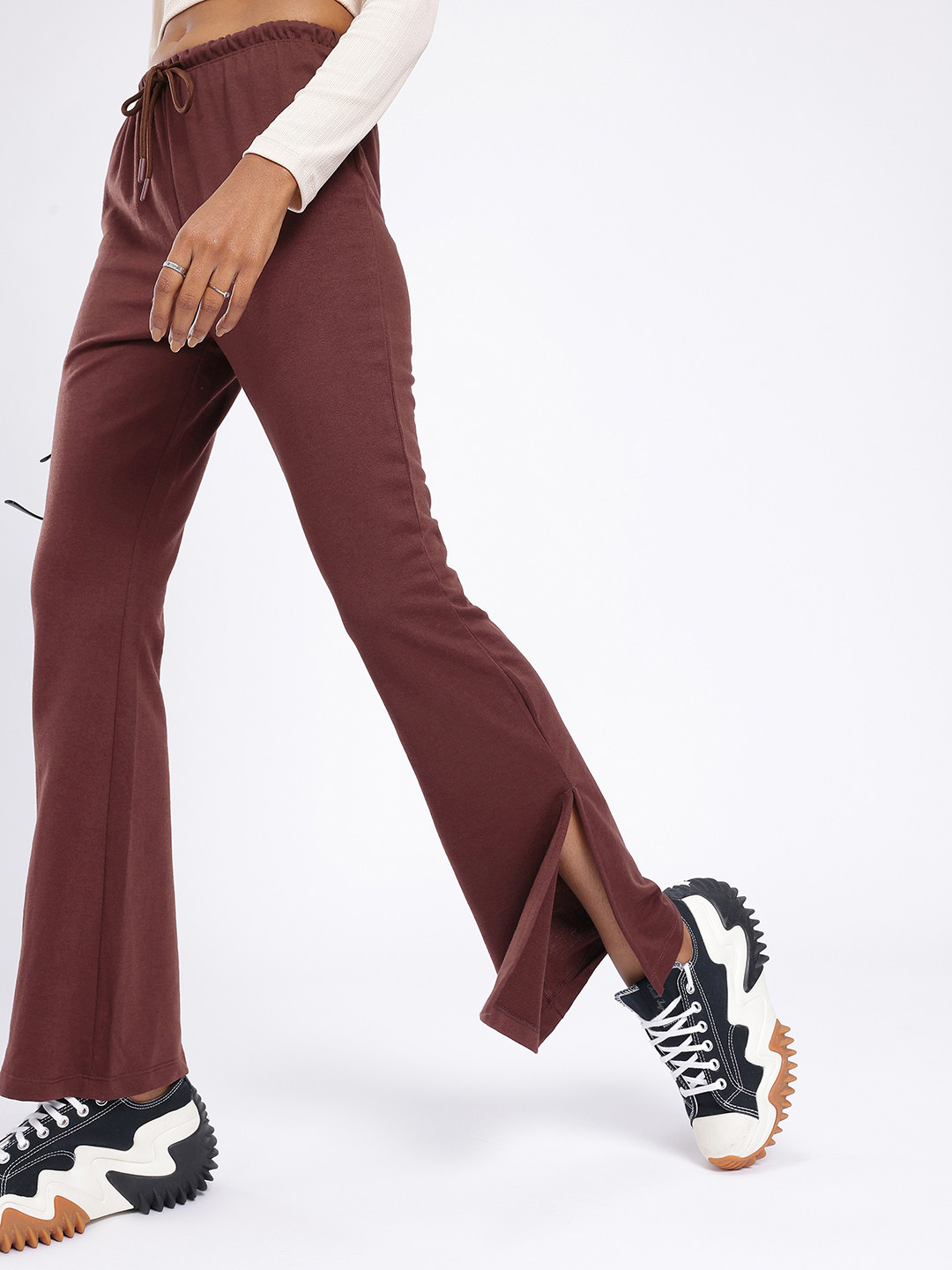 glitchez Women Cotton Terry Bootcut Track Pants With Side Slits