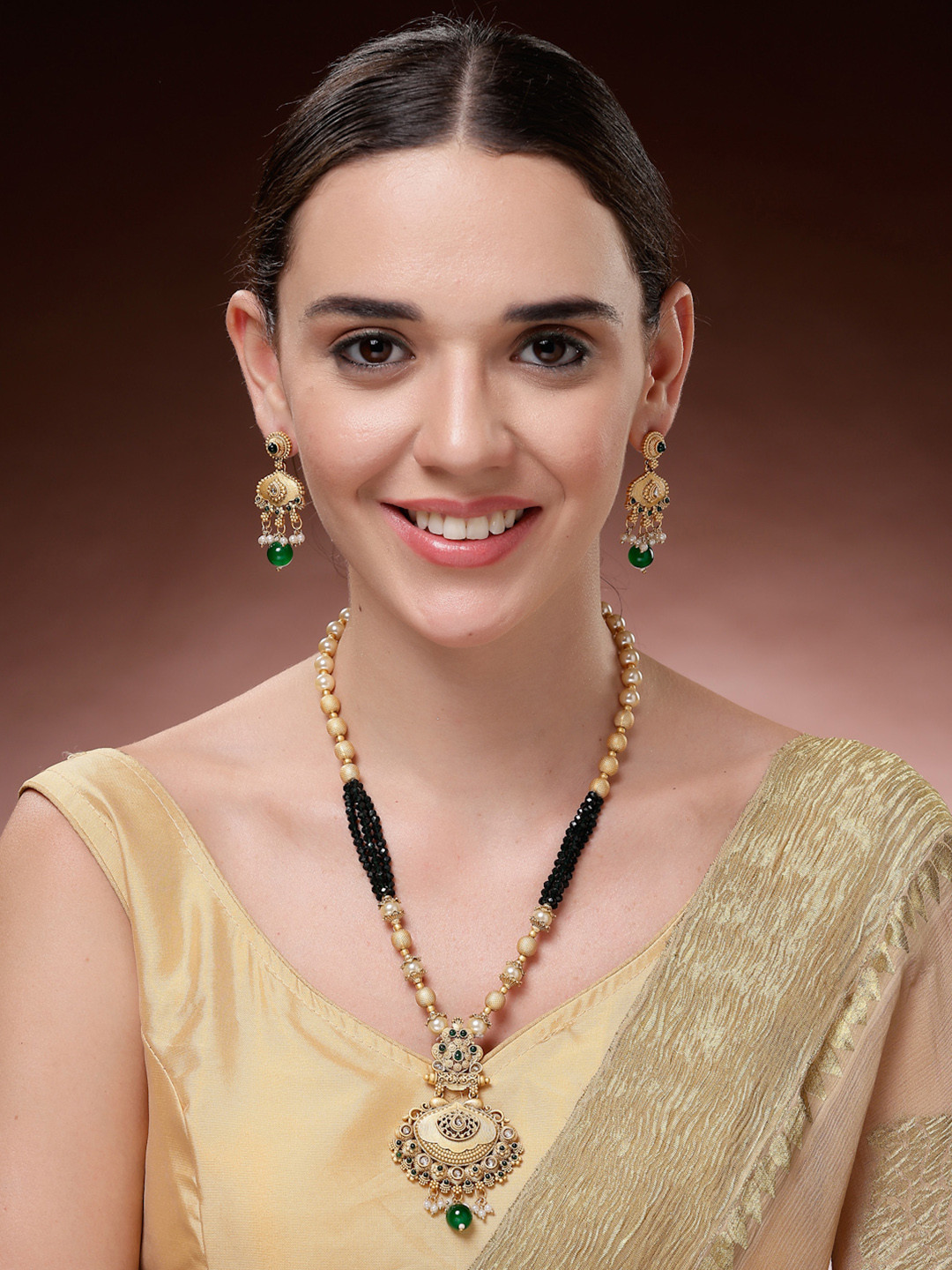 ADIVA 22K Gold-Plated Stone Studded & Beaded Jewellery Set