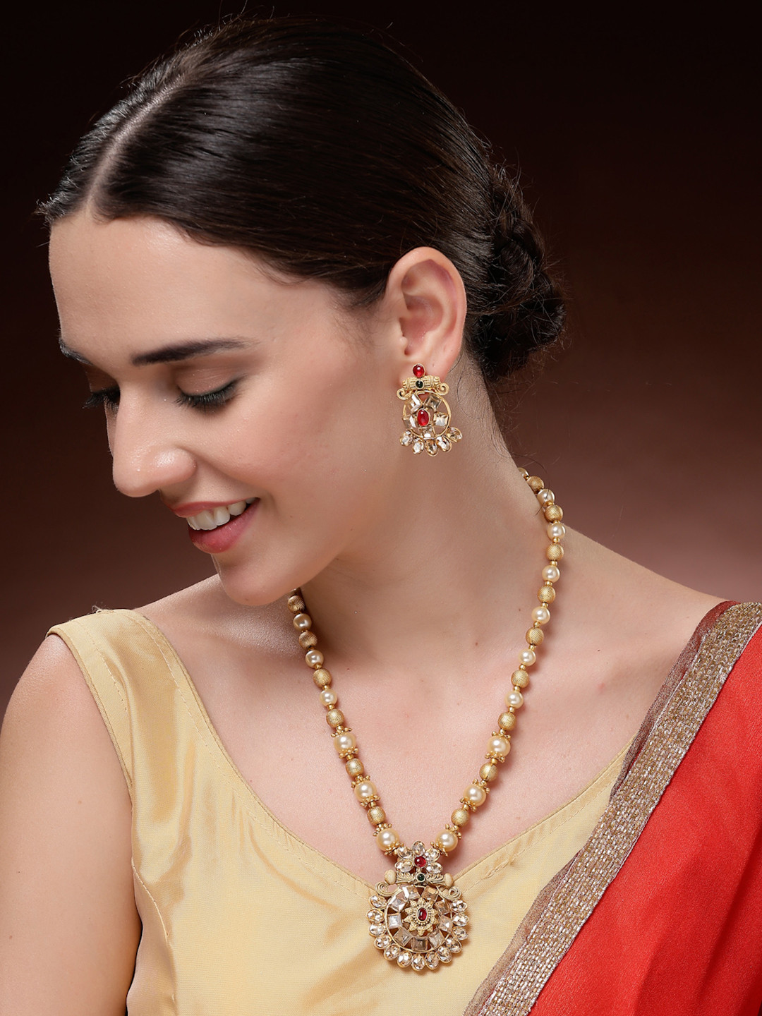 ADIVA 22K Gold-Plated Stone Studded & Beaded Jewellery Set