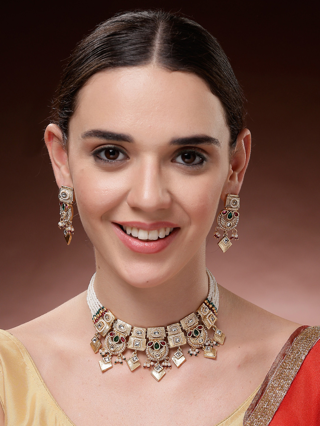 ADIVA Gold-Plated Kundan & Ruby Stone Studded & Beaded Jewellery Set