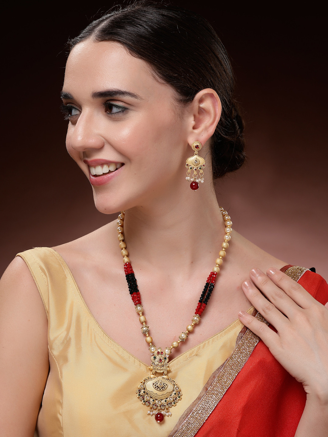 ADIVA 22K Gold-Plated Stone Studded & Beaded Jewellery Set