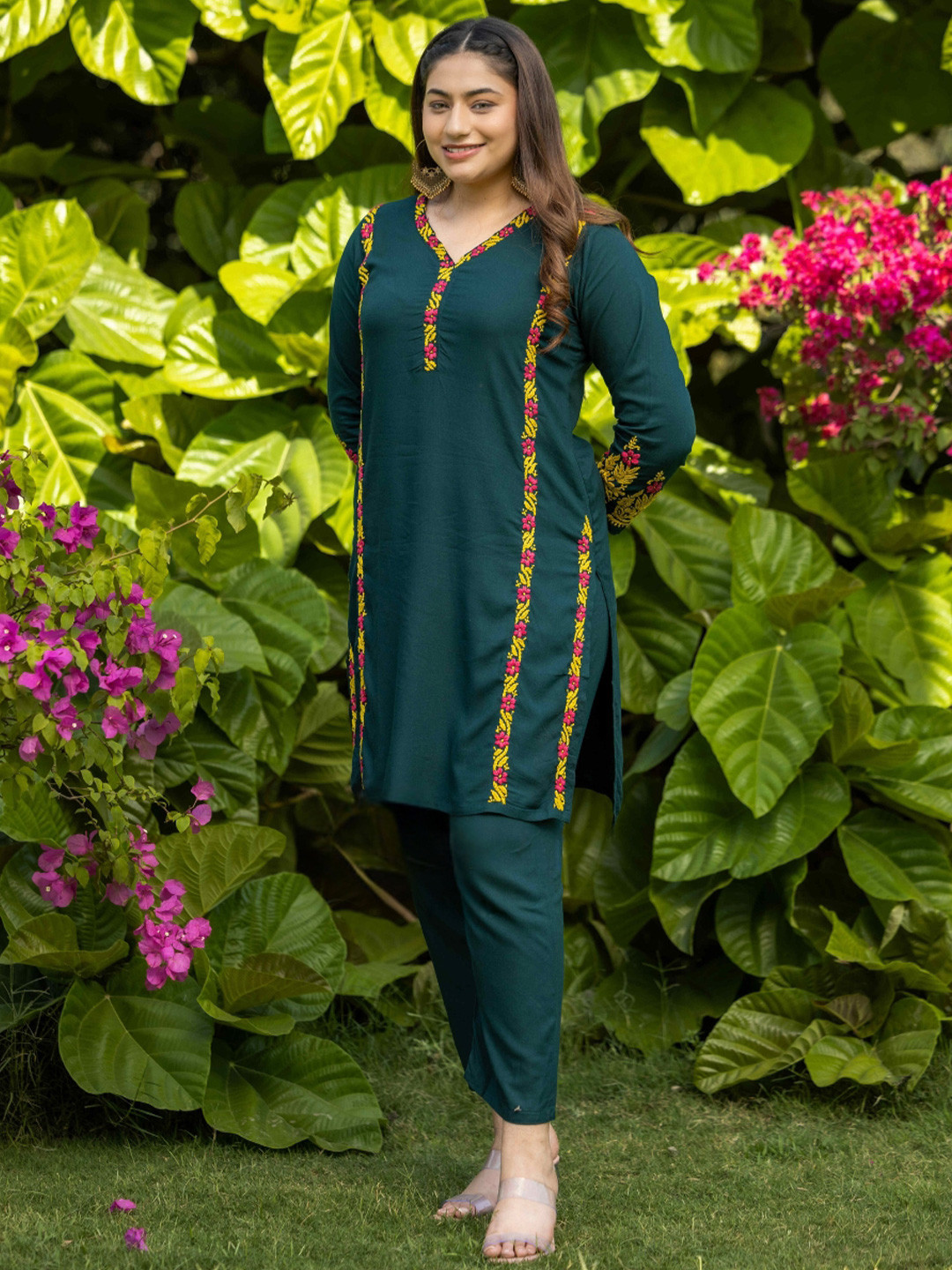 GHARANA INDIA Luxury V Neck Chikankari Kurta Set with Trousers