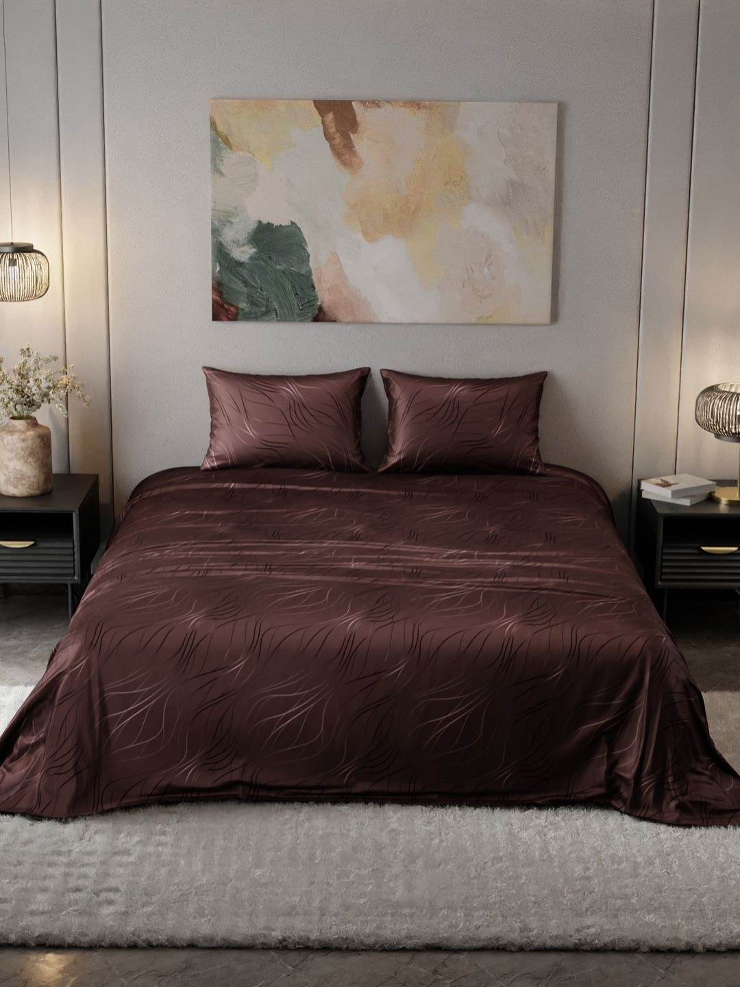Stoa Paris Noir Brown Abstract Polyester 300 TC Super King Bedsheet with 2 Pillow Covers-108 x 108 inches