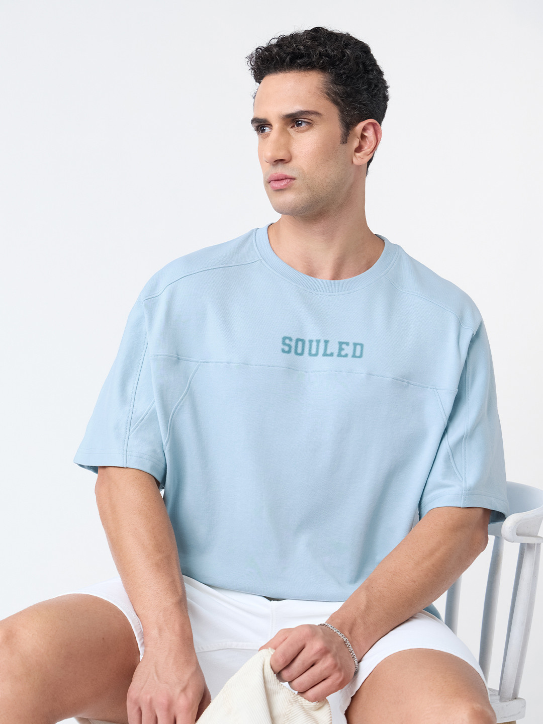 The Souled Store Oversized Originals Slate Self Design Cotton T-Shirt