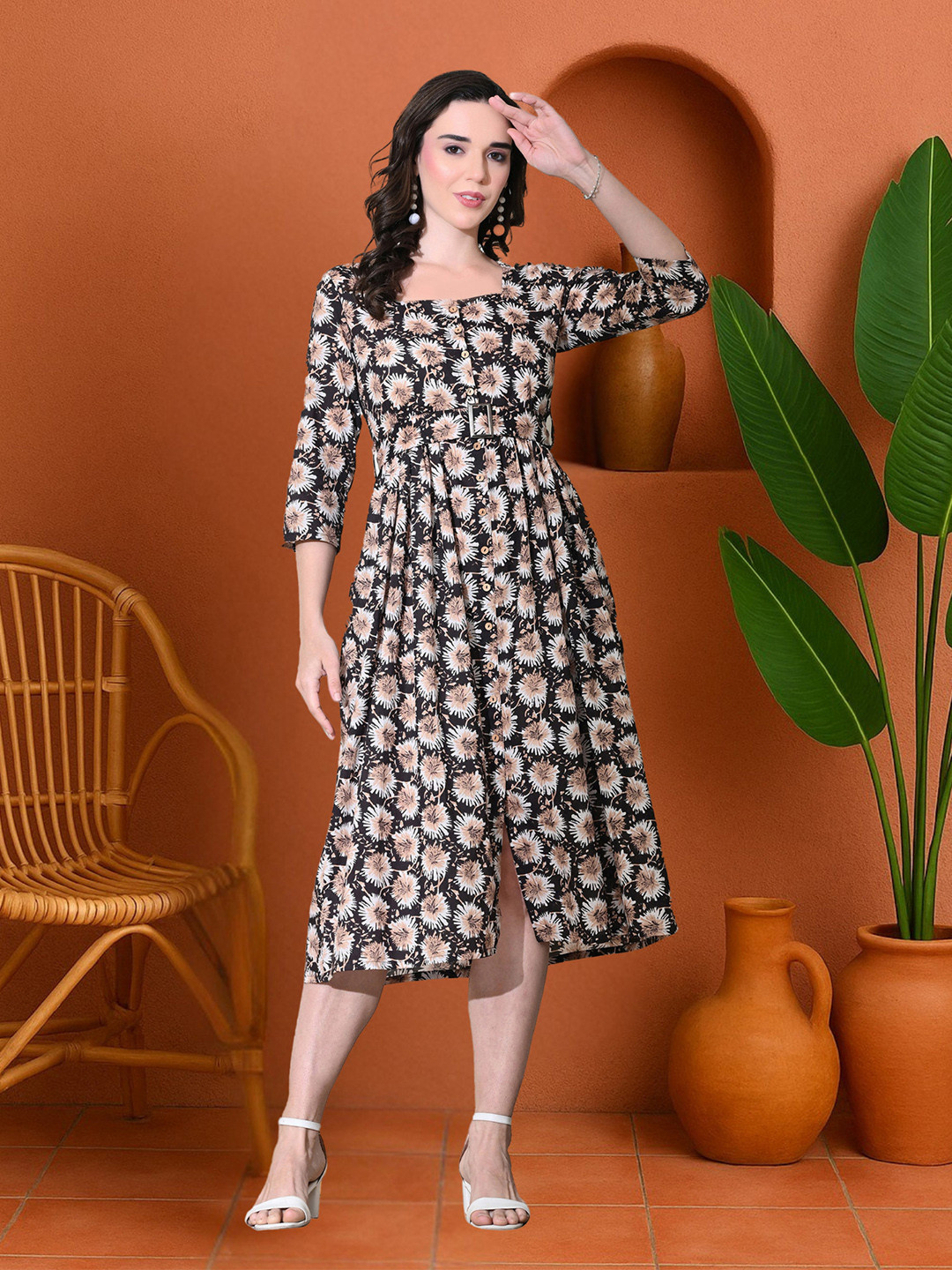 DECKEDUP Women Floral Print Square Neck Cotton Fit & Flare Midi Dress Comes with a belt
