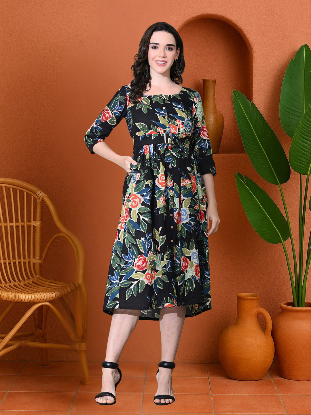 DECKEDUP Women Floral Printed Square Neck Cotton Fit & Flare Midi Dress