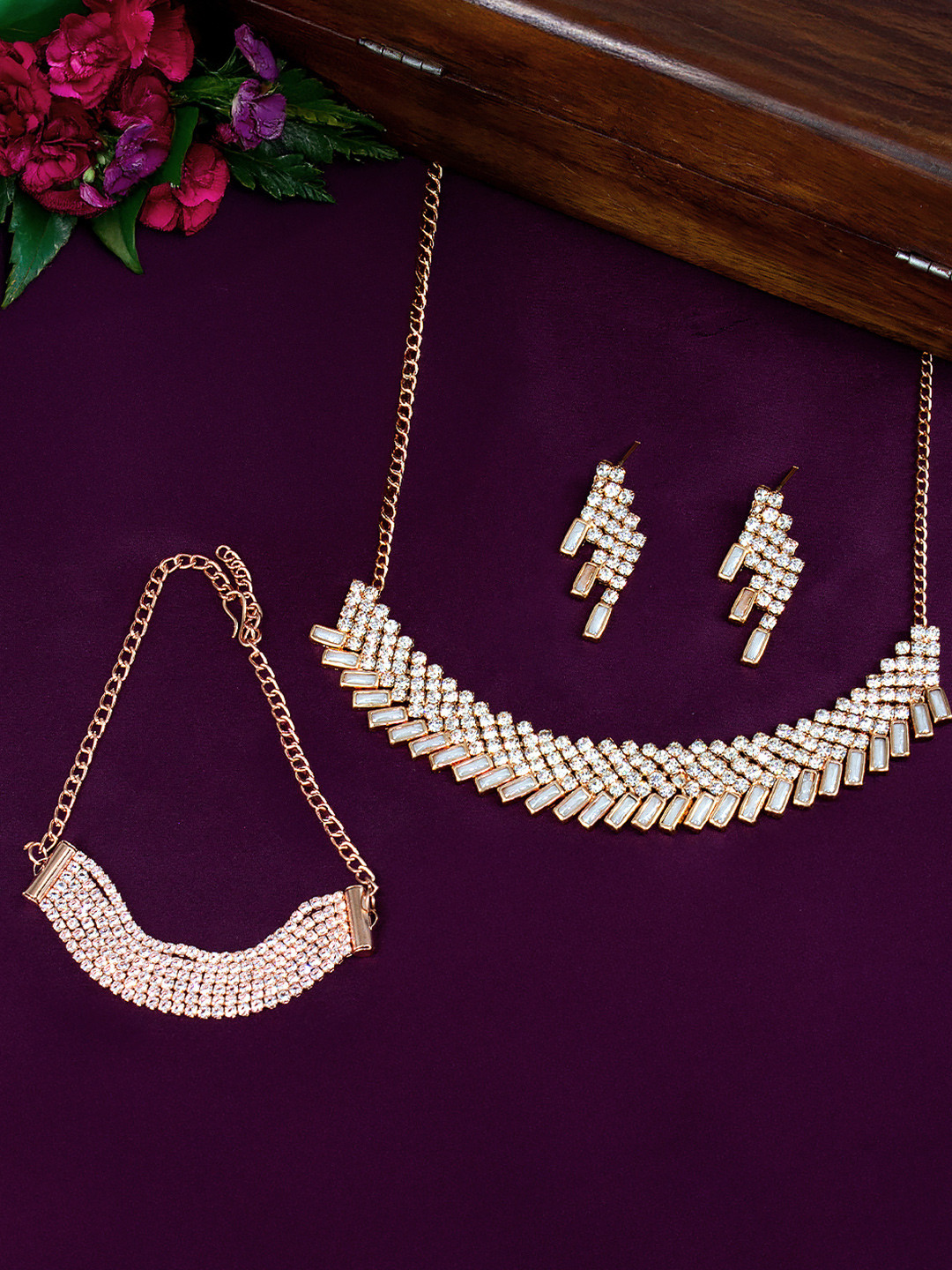 PRIVIU Rose Gold-Plated Rhinestone-Studded Choker Jewellery Set