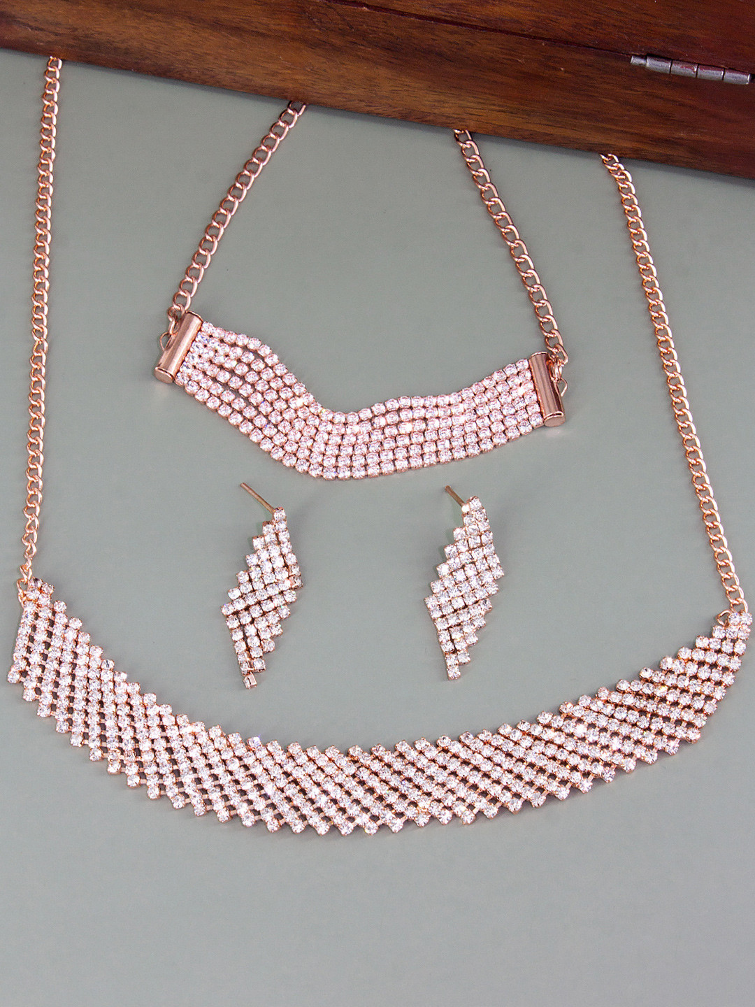 PRIVIU Rose Gold-Plated Rhinestone-Studded Choker Jewellery Set