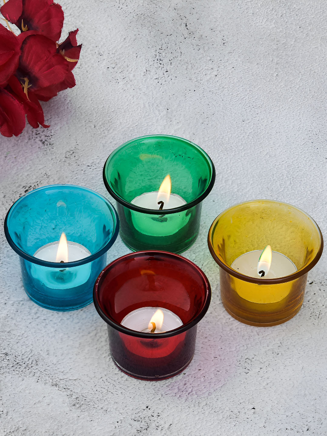 oggn Blue And Yellow 4 Pieces Glass Candle Holders