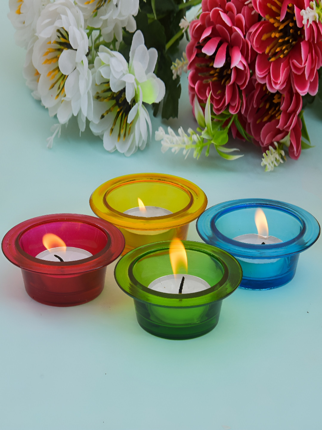 oggn Blue And Yellow 4 Pieces Glass Candle Holders