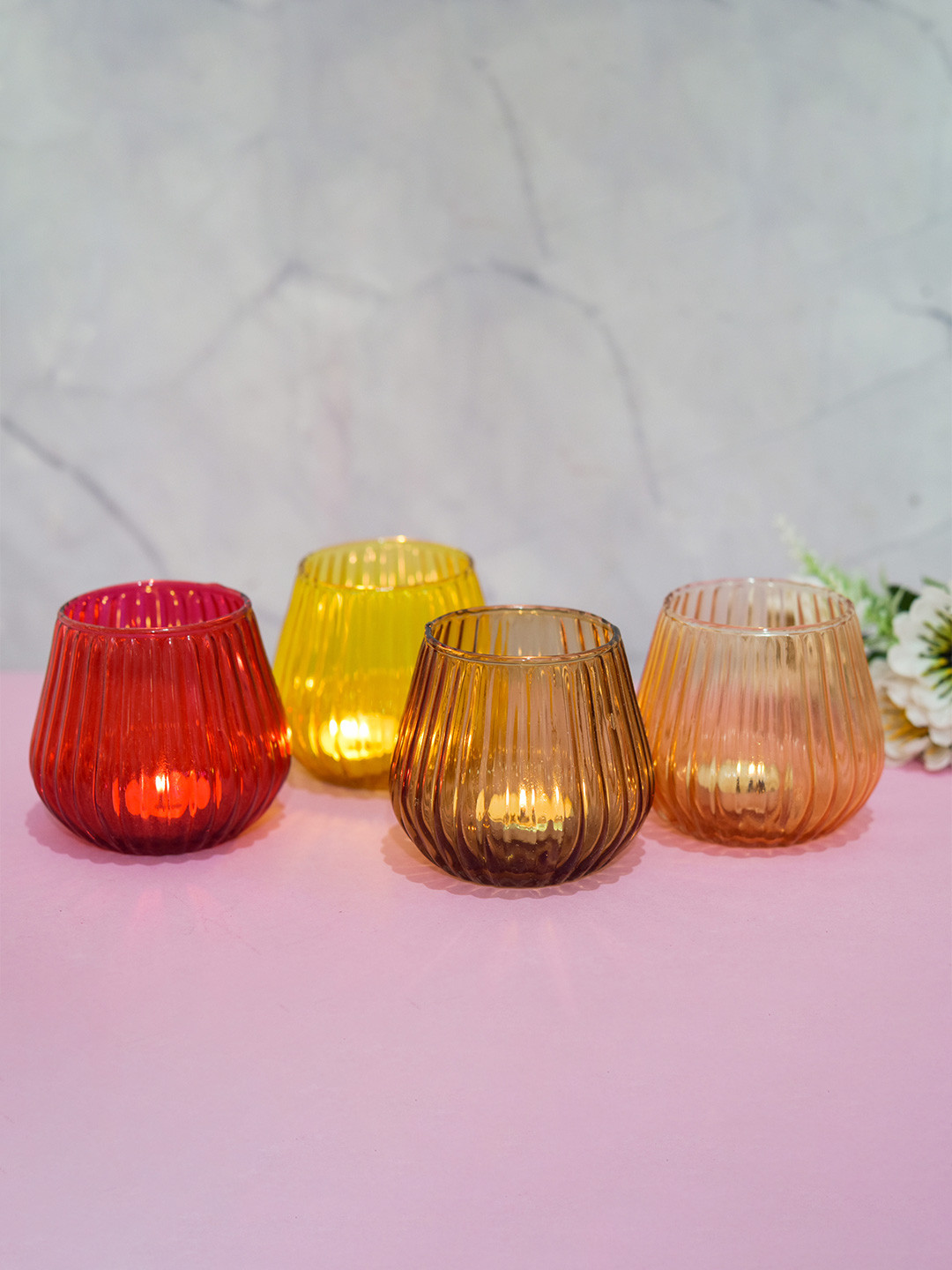 oggn Red And Yellow 4 Pieces Glass Candle Holders