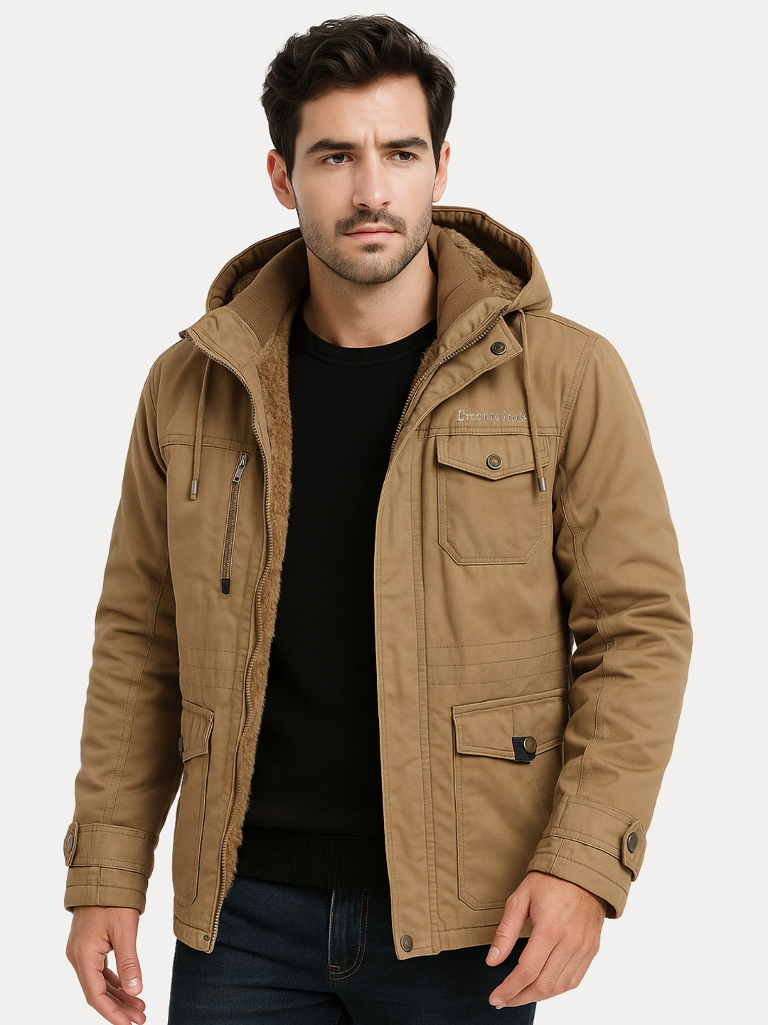 L'monte Men Solid Hooded Insulated Winter Parka Jacket with Fur Lining