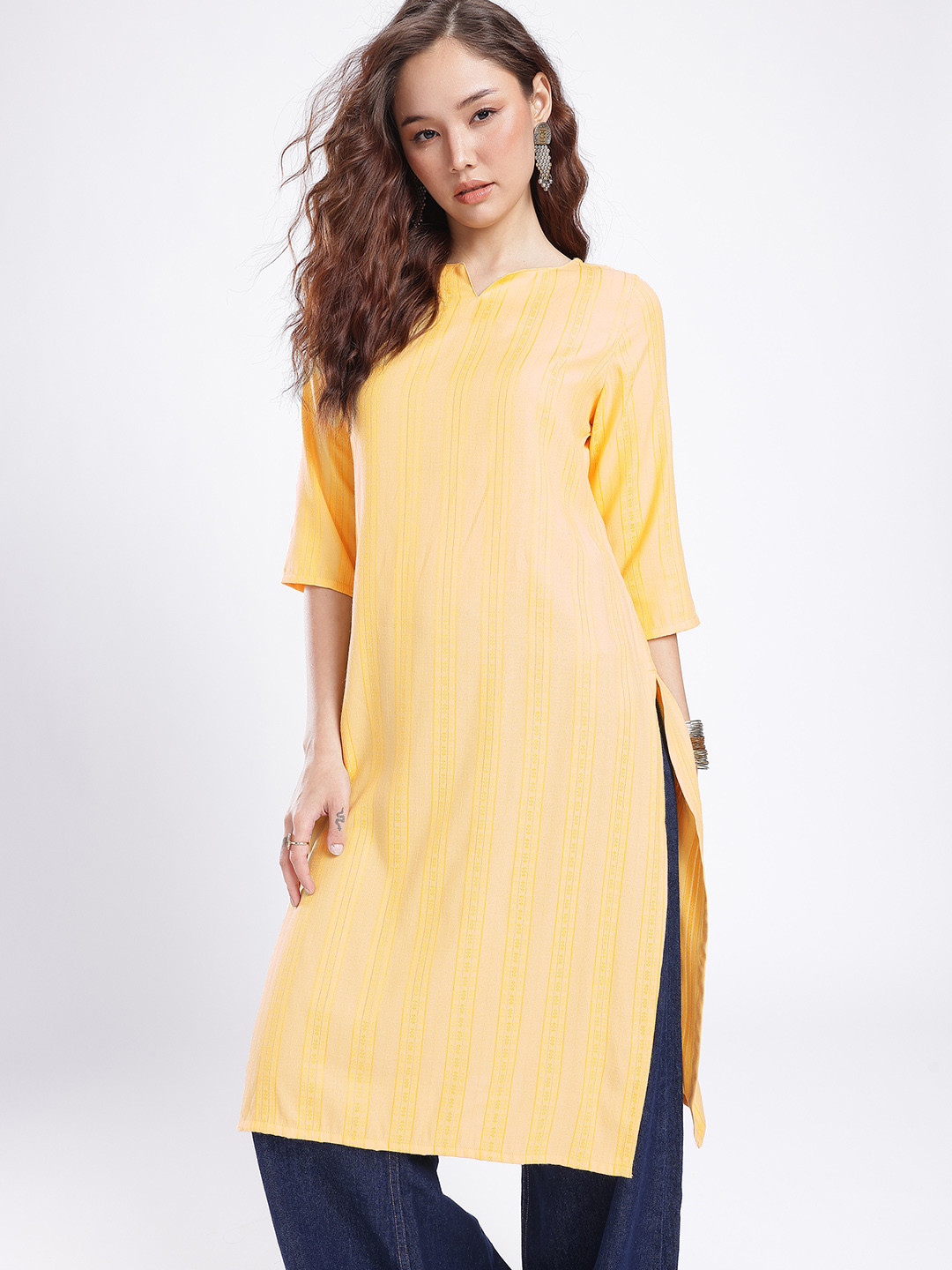 Anouk Rustic Woven Design Striped Straight Kurta