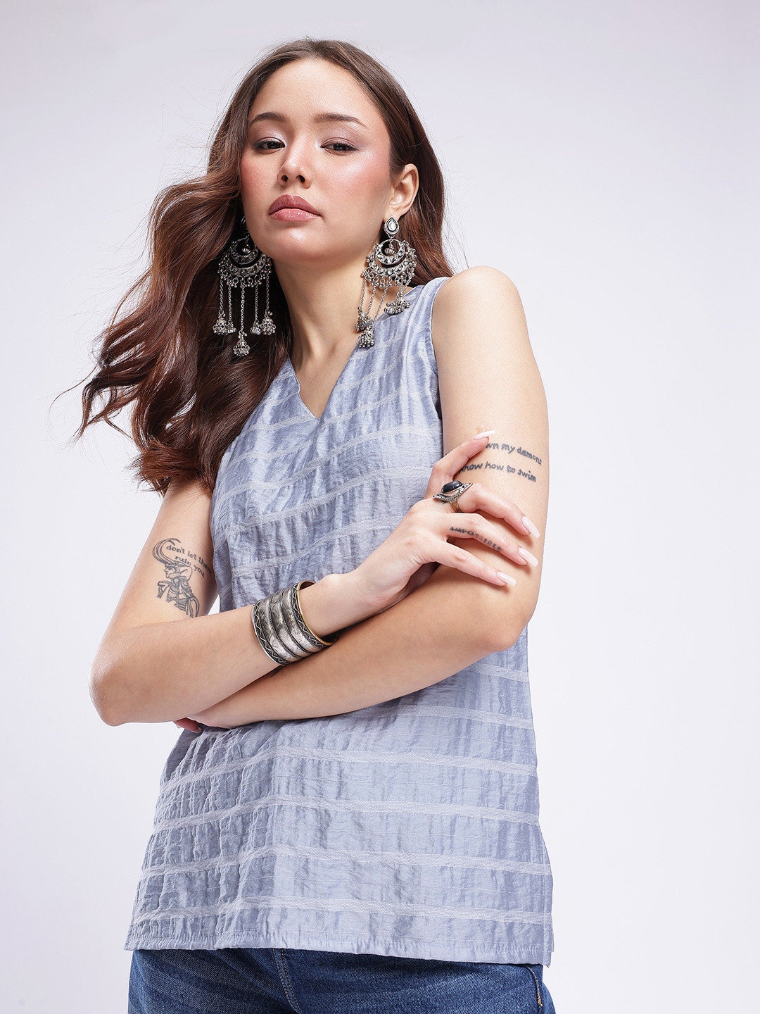 Anouk Rustic V-Neck Woven Design Striped Sleeveless Kurti