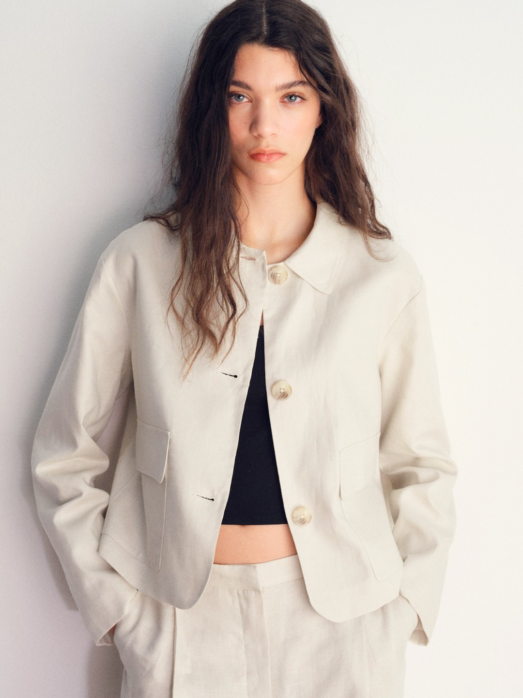 MANGO Spread Collar Pure Linen Tailored Jacket