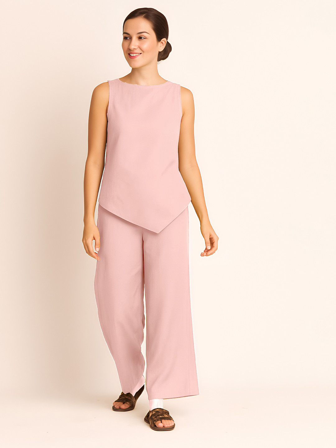 Aoba Women Pink Solid Boat Neck Top & Trousers Co-Ords