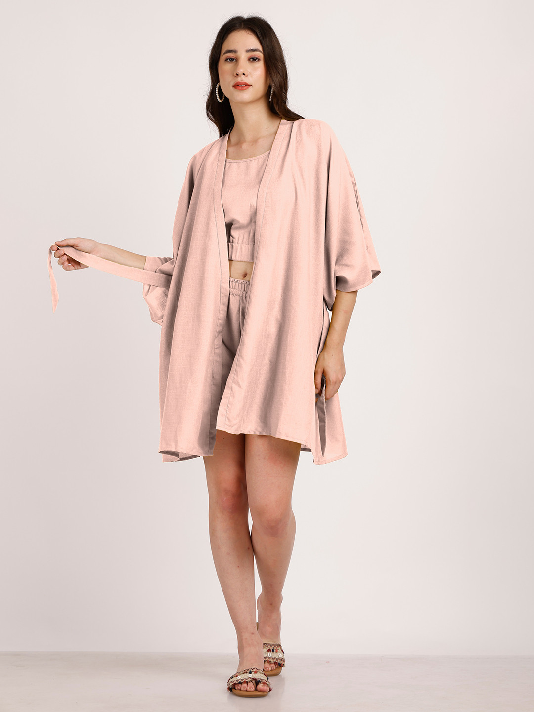 Aoba Pink Solid Linen Co-ord Set - Top, Shorts & Robe