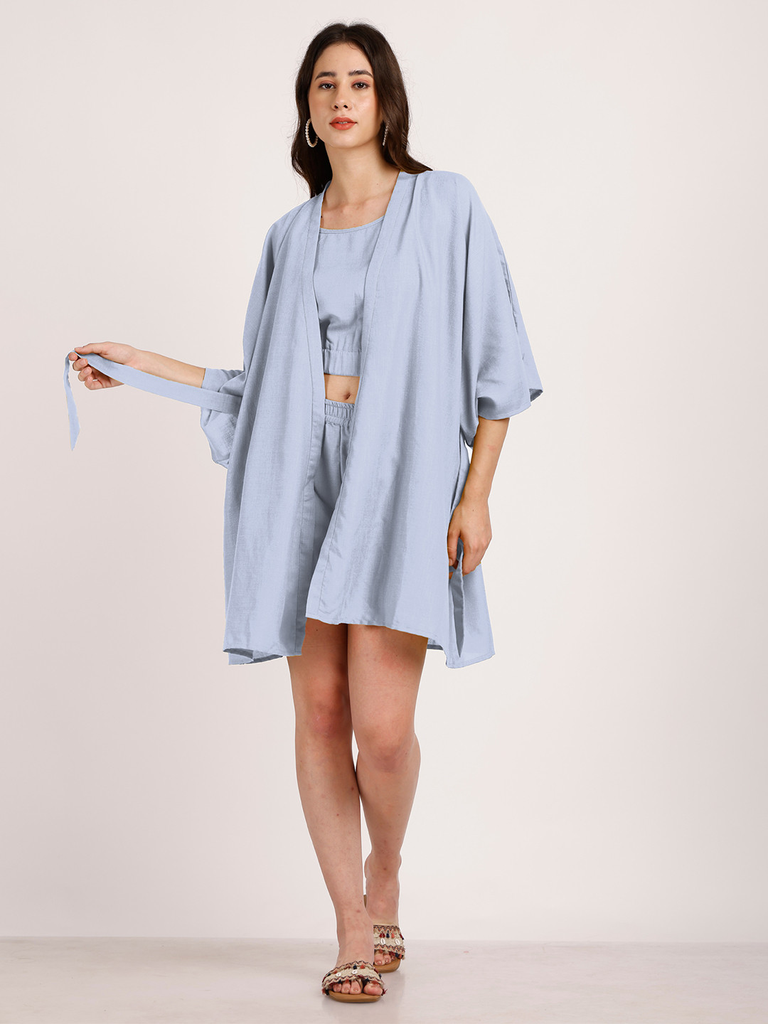 Aoba Light Blue Solid Linen Co-ord Set - Top, Shorts & Robe