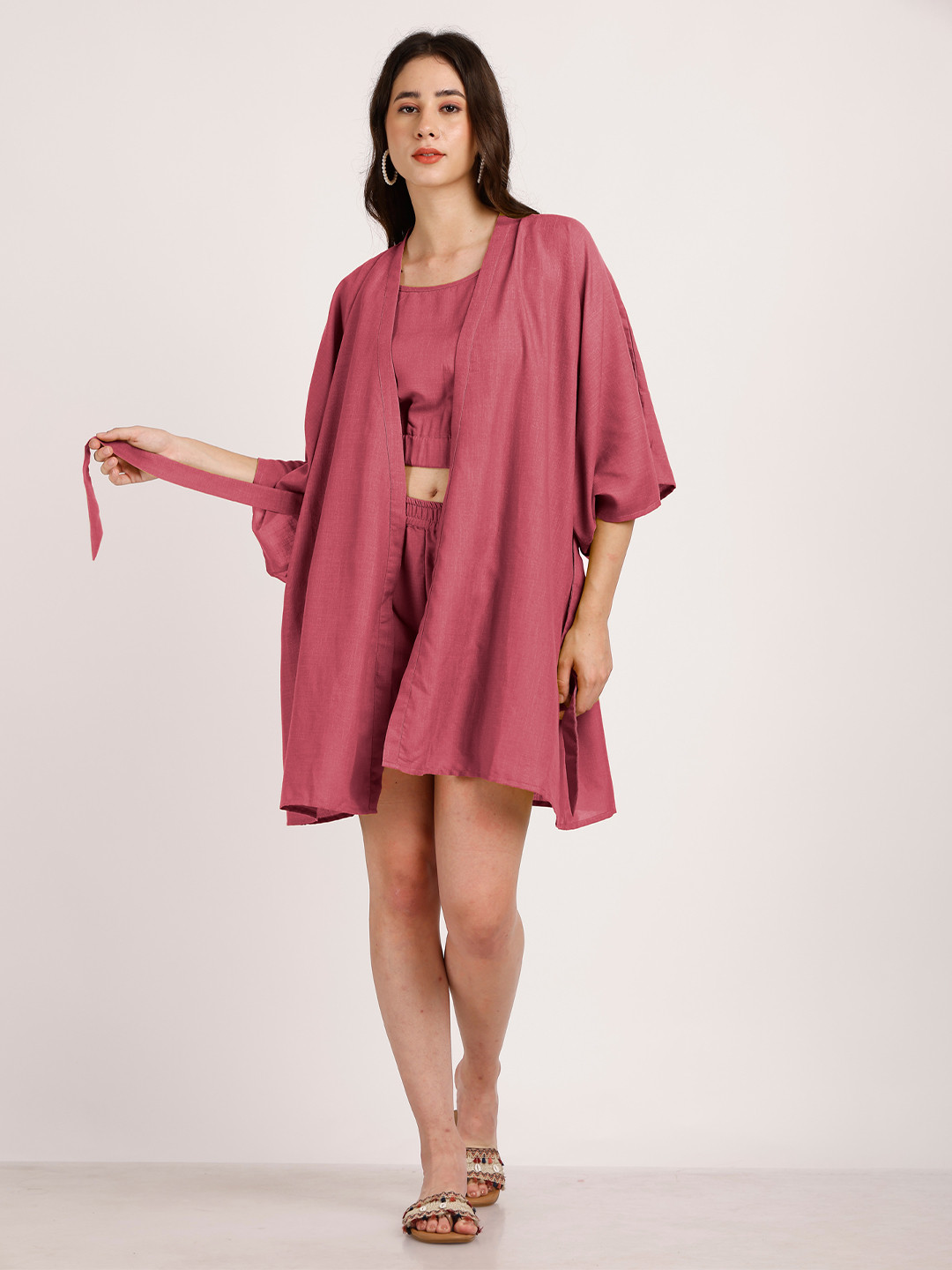 Aoba Mauve Solid Linen Co-ord Set - Top, Shorts & Robe