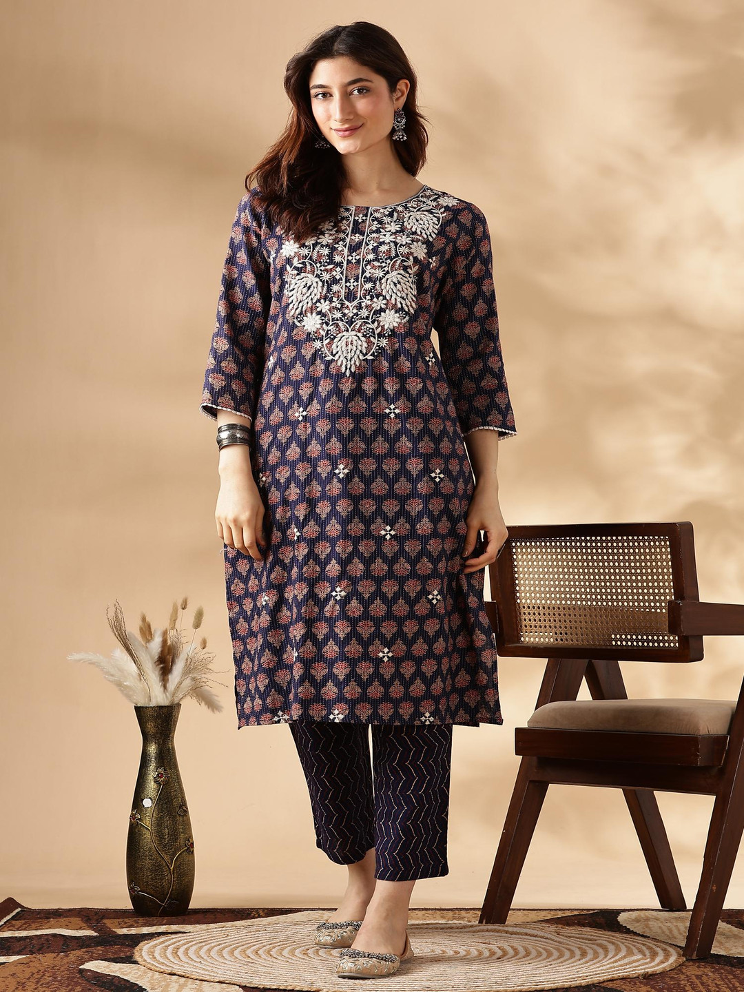 BulBul Paisley Embroidered Pure Cotton Kurta With Trousers & Dupatta