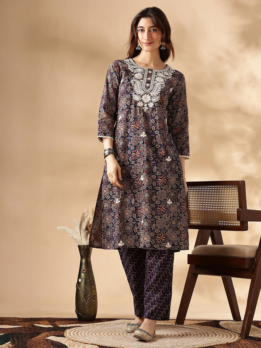 BulBul Women Floral Embroidered Regular Pure Cotton Kurta with Trousers & With Dupatta