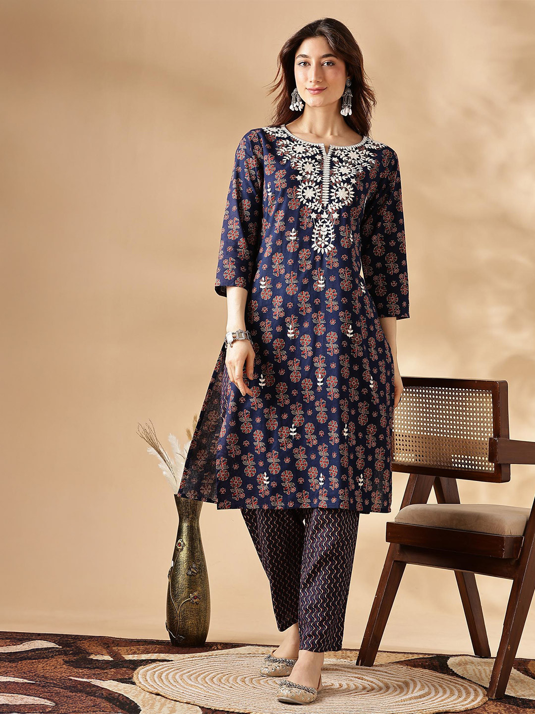 BulBul Floral Embroidered Notch Neck Pure Cotton Straight Kurta with Trousers & Dupatta