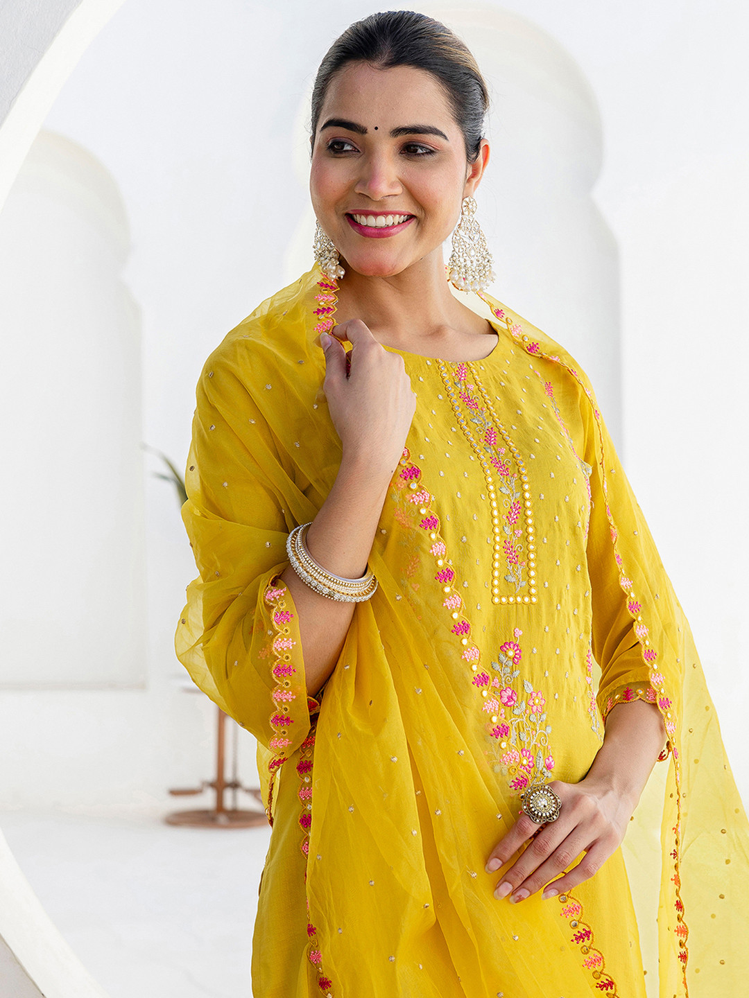 SANISA Women Ethnic Motifs Embroidered Regular Mirror Work Kurta with Trousers & With Dupatta