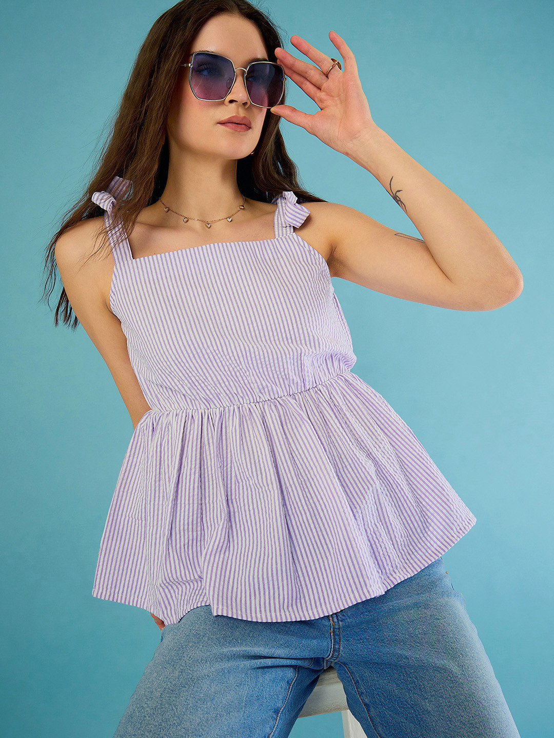CORSICA Seersucker Striped Tie-Up Neck Pure Cotton Empire Top