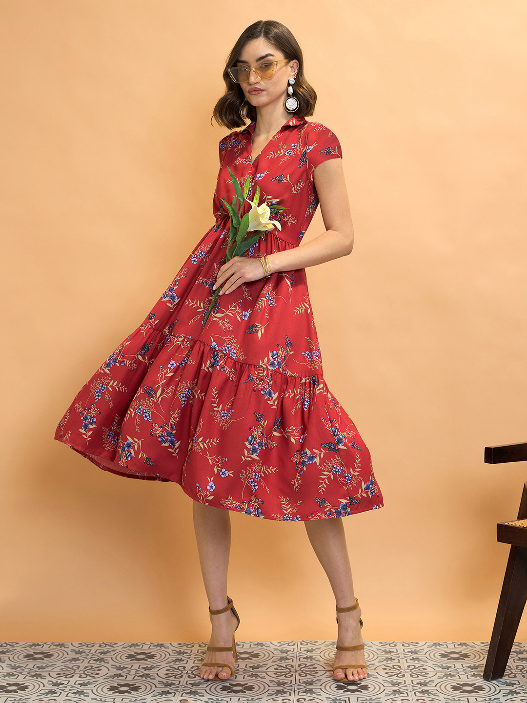 CORSICA Floral Print Faux Wrap Tiered A-Line Midi Dress