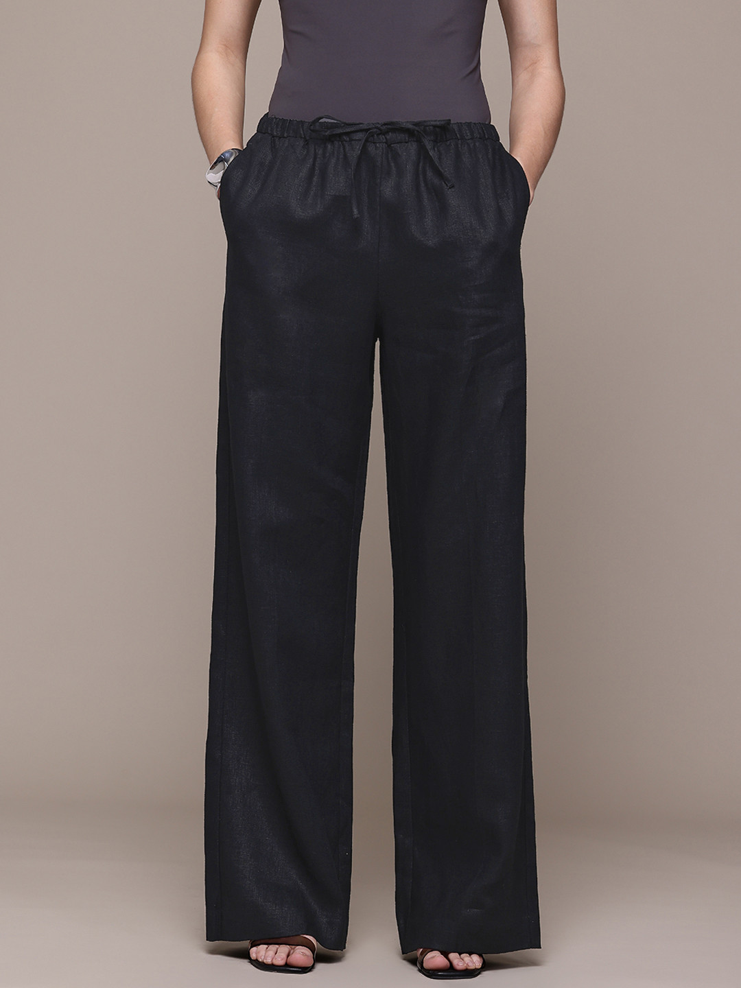 MANGO Women Mid-Rise Flared Fit Linen Wide Leg Trousers