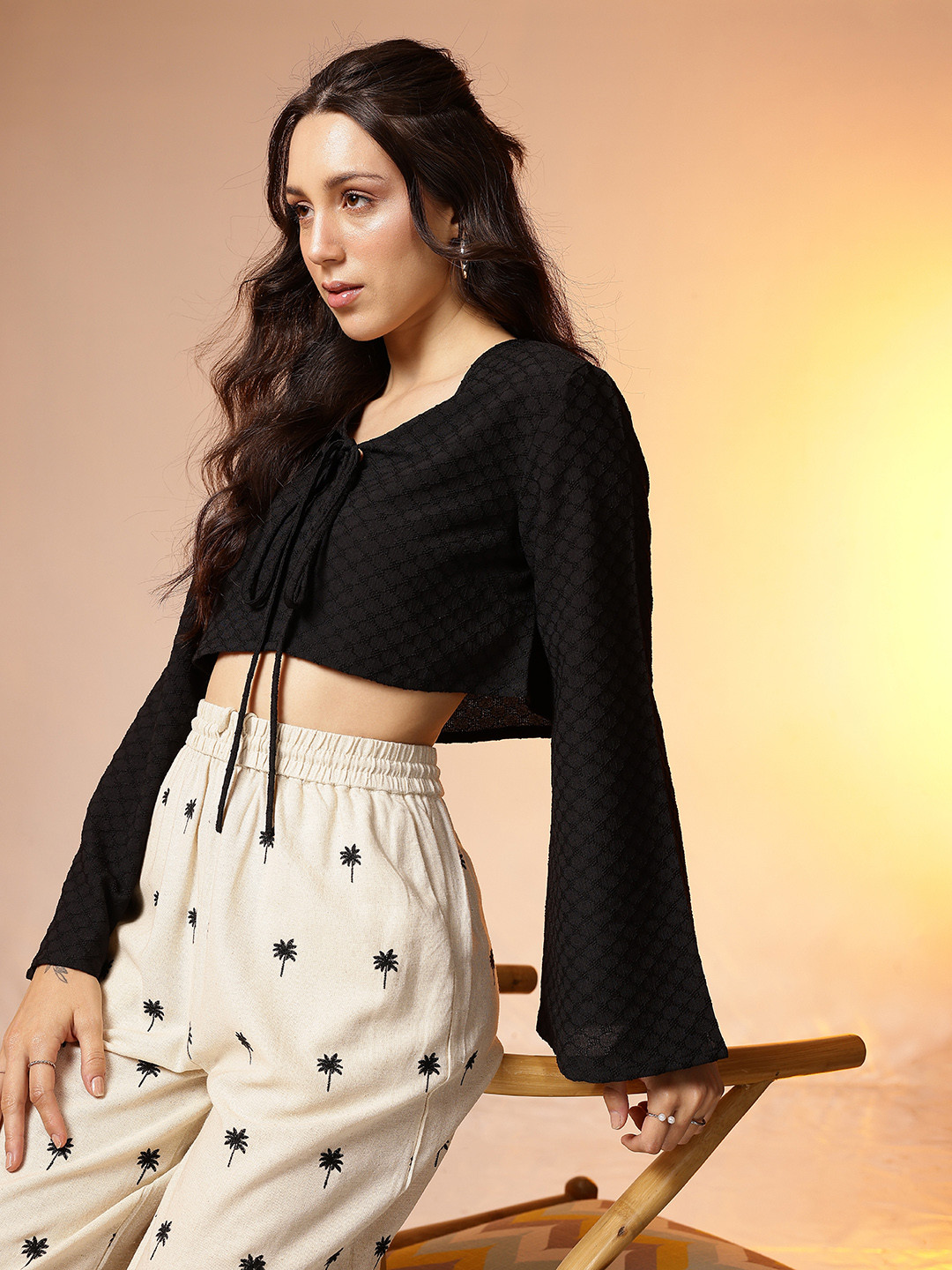 CORSICA Tie-Up Neck Flared Sleeve Crop Top