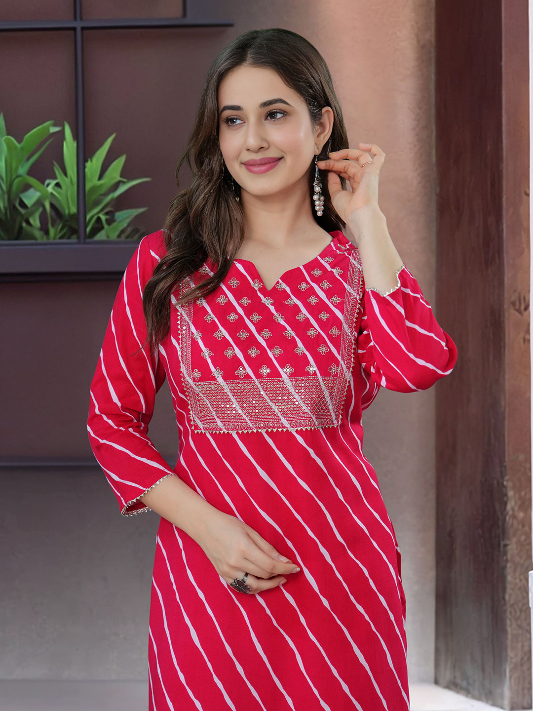 Royal Export Floral Yoke Design Notch Neck Sequinned Cotton Straight Kurta