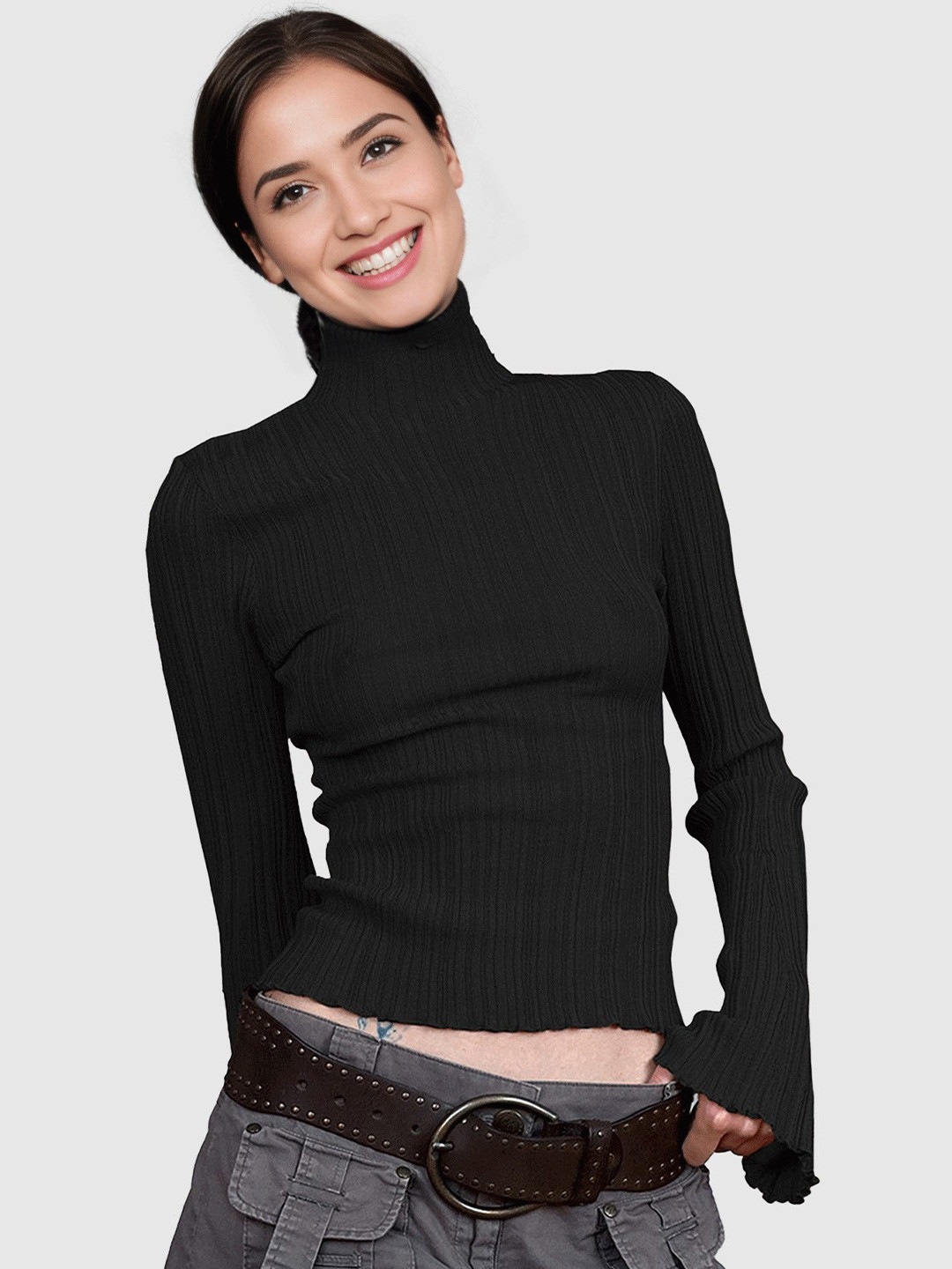 Outzidr Women Bell Sleeve Rib Top