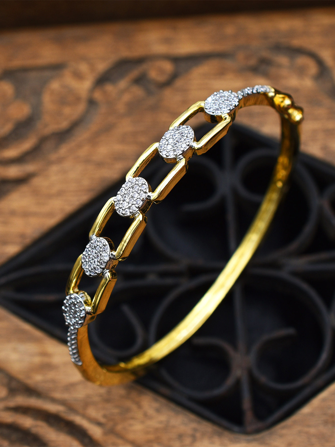 SHILLYN Gold-Plated Cubic Zirconia Studded Adjustable Lock Bangle-Style Bracelet