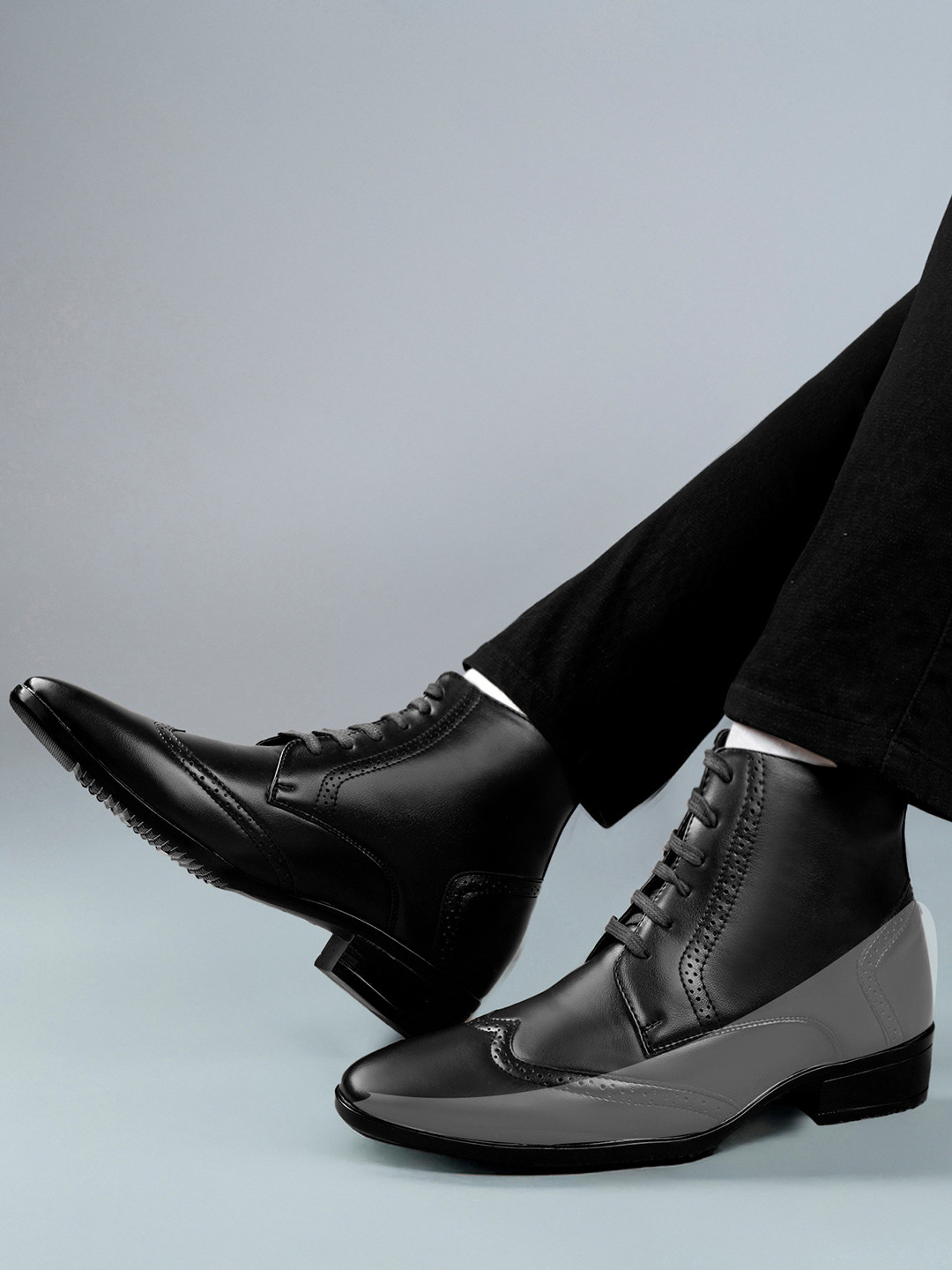 Bxxy Men Hidden Elevator Height Increasing Faux Leather Formal Full Brogue Lace-up Boot.