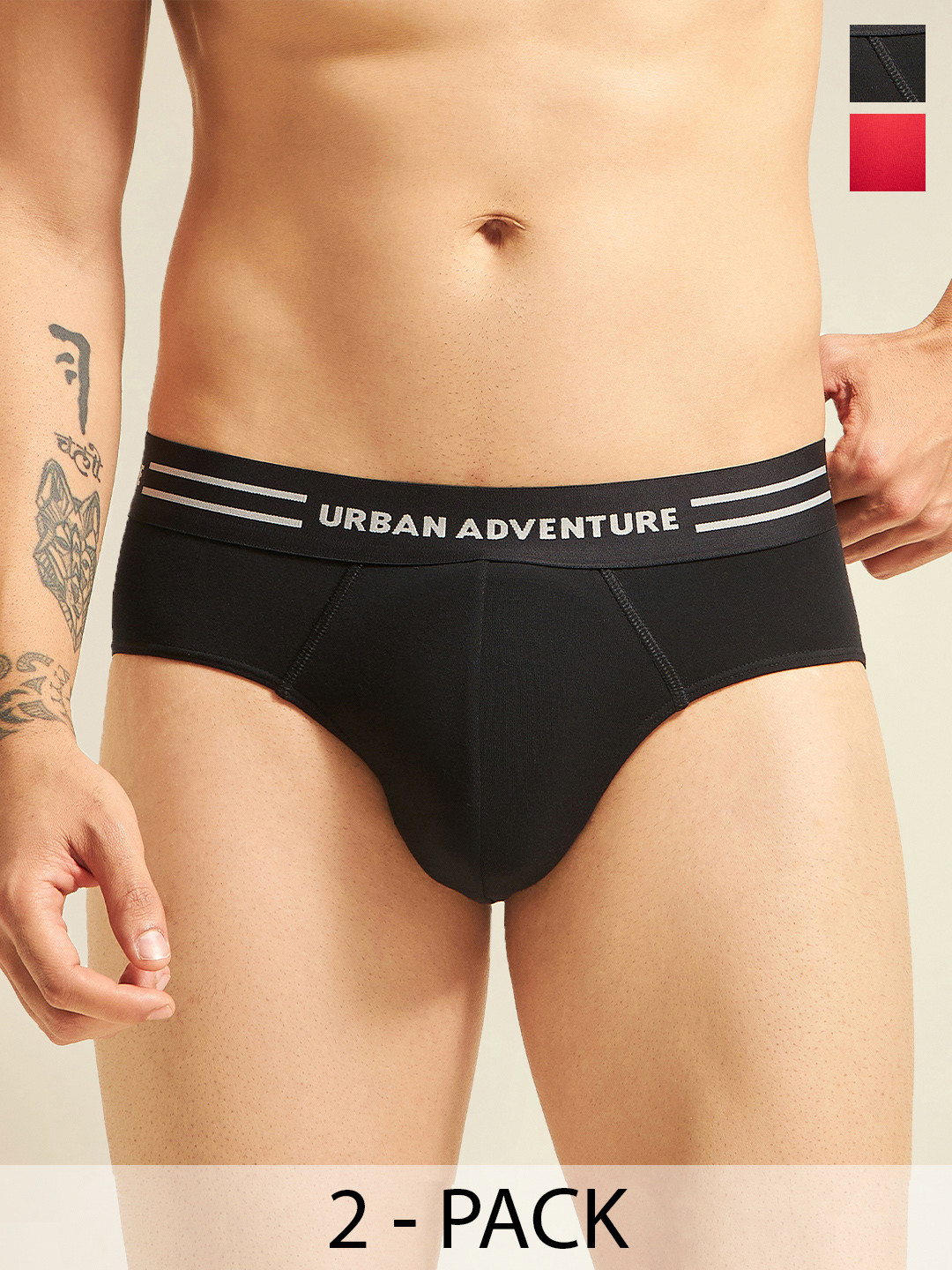 URBAN ADVENTURE Pack Of 2 Ultra Soft Basic Briefs 2UAM-014(BLK-RED)
