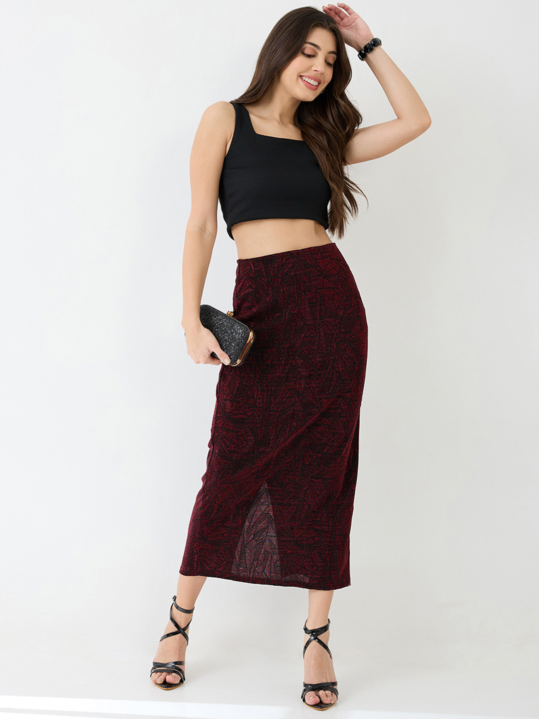 Globus Shimmer Mid-Rise Back Slit Midi Pencil Party Skirt