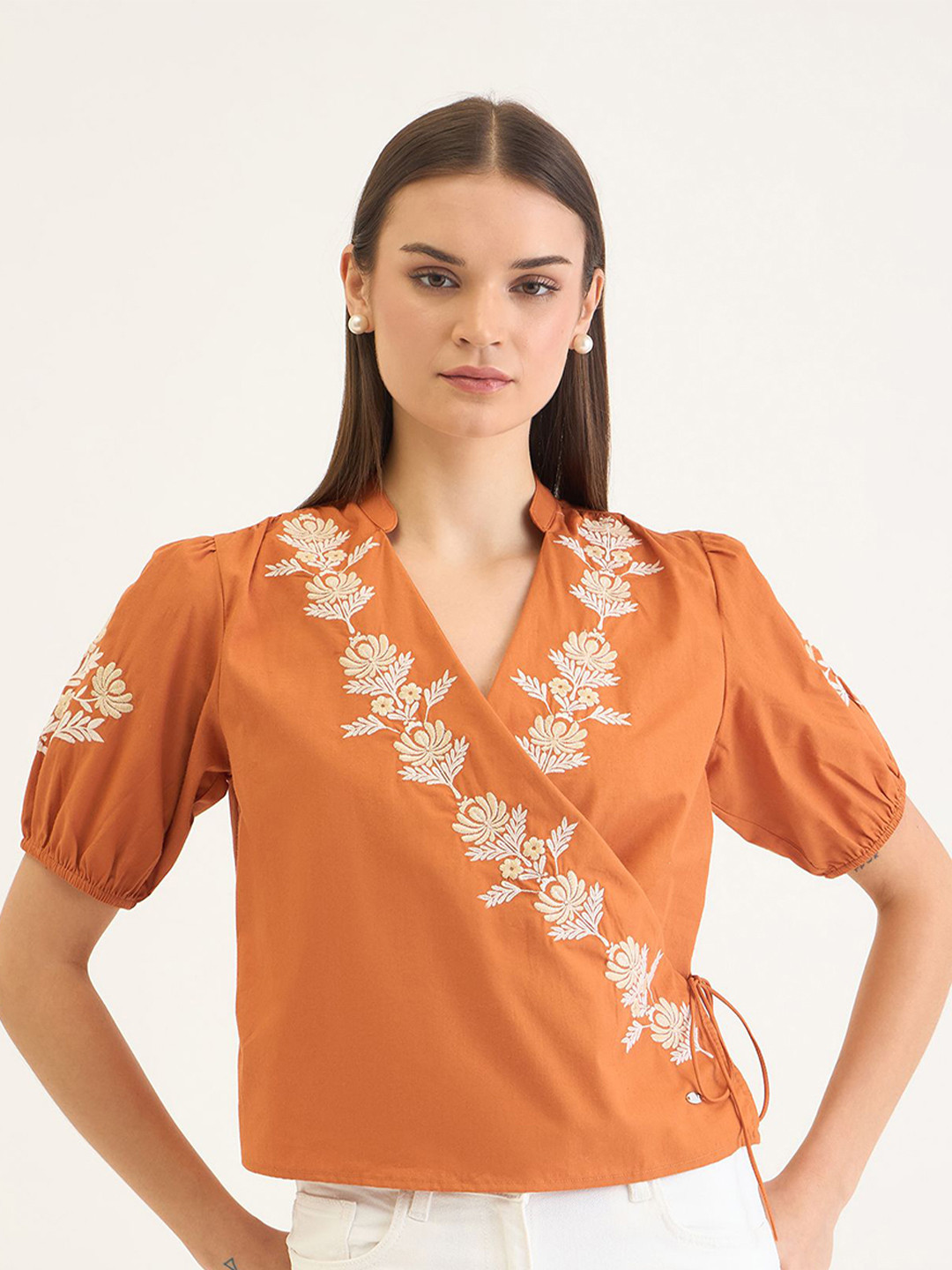 ELLE Embroidered Accordion Pleated Sleeves Cotton Top