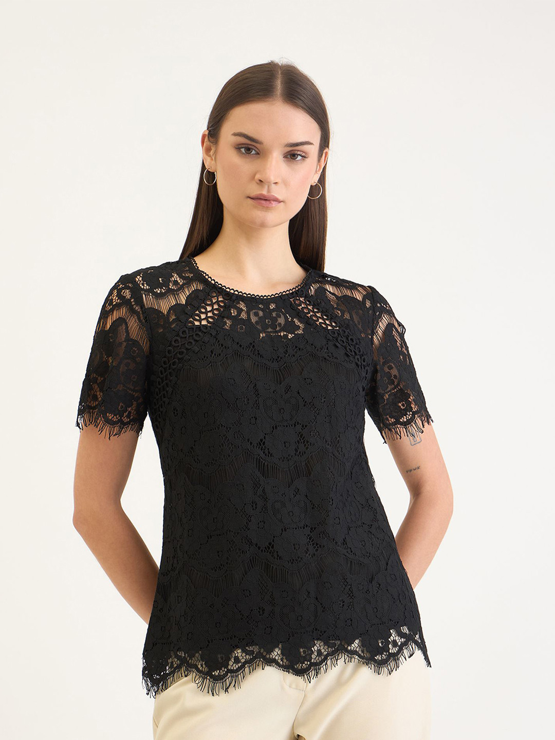 ELLE Round Neck Relaxed Fit All Over Print Lace Top