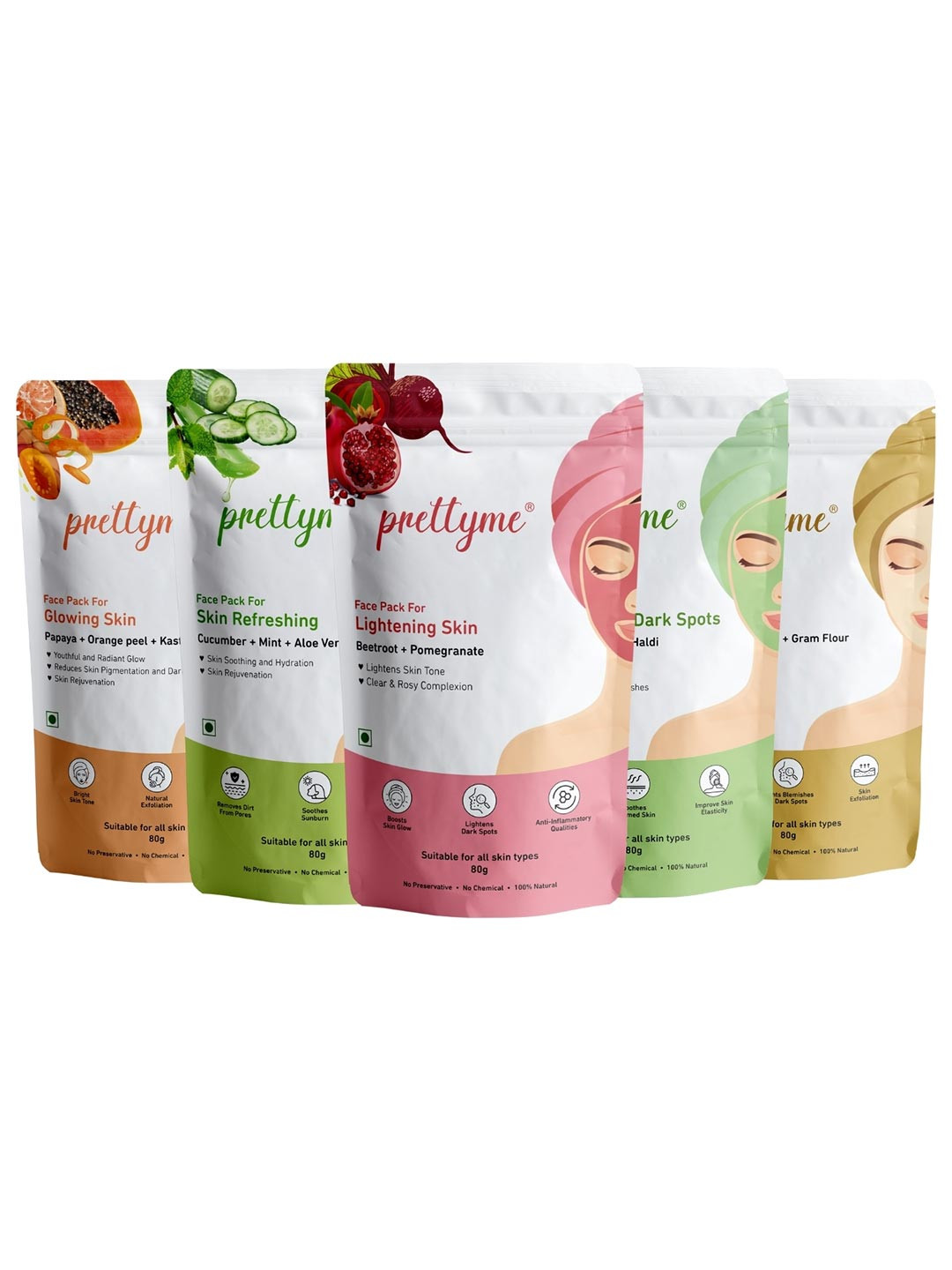 Prettyme Set Of 5 Coffee, Neem, Haldi, Papaya & Beetroot Powder Face Pack - 80 g Each