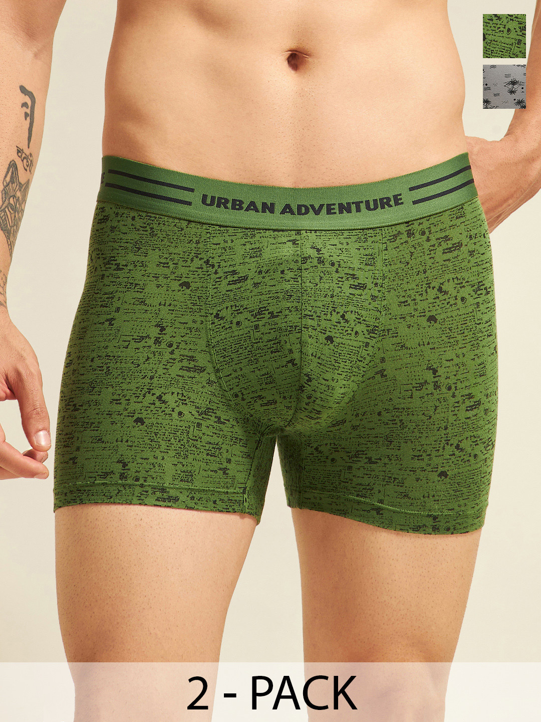 URBAN ADVENTURE Pack Of 2 Printed Moisture Wicking Trunks 2UAM-015-P(GRN-LT GRY)