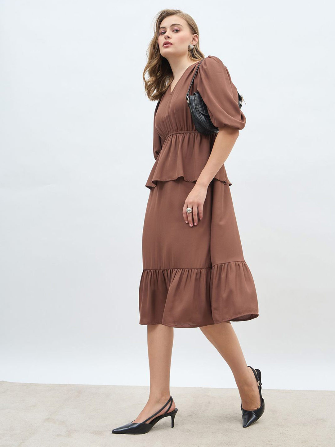 Styli Women Peplum Midi Dress with Puff Sleeves and Flounce Hem