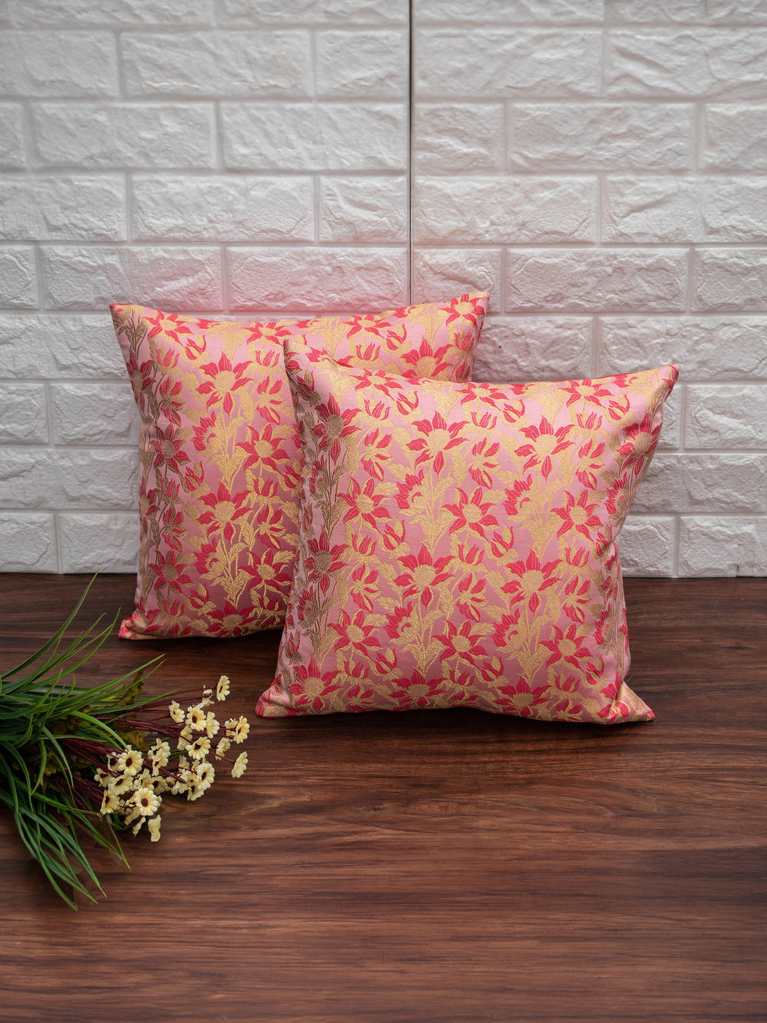 RoyalDeco Bageecha Ethnic Motifs Brocade Fastness 2 Pcs Textured Cushion Covers - 16x16In