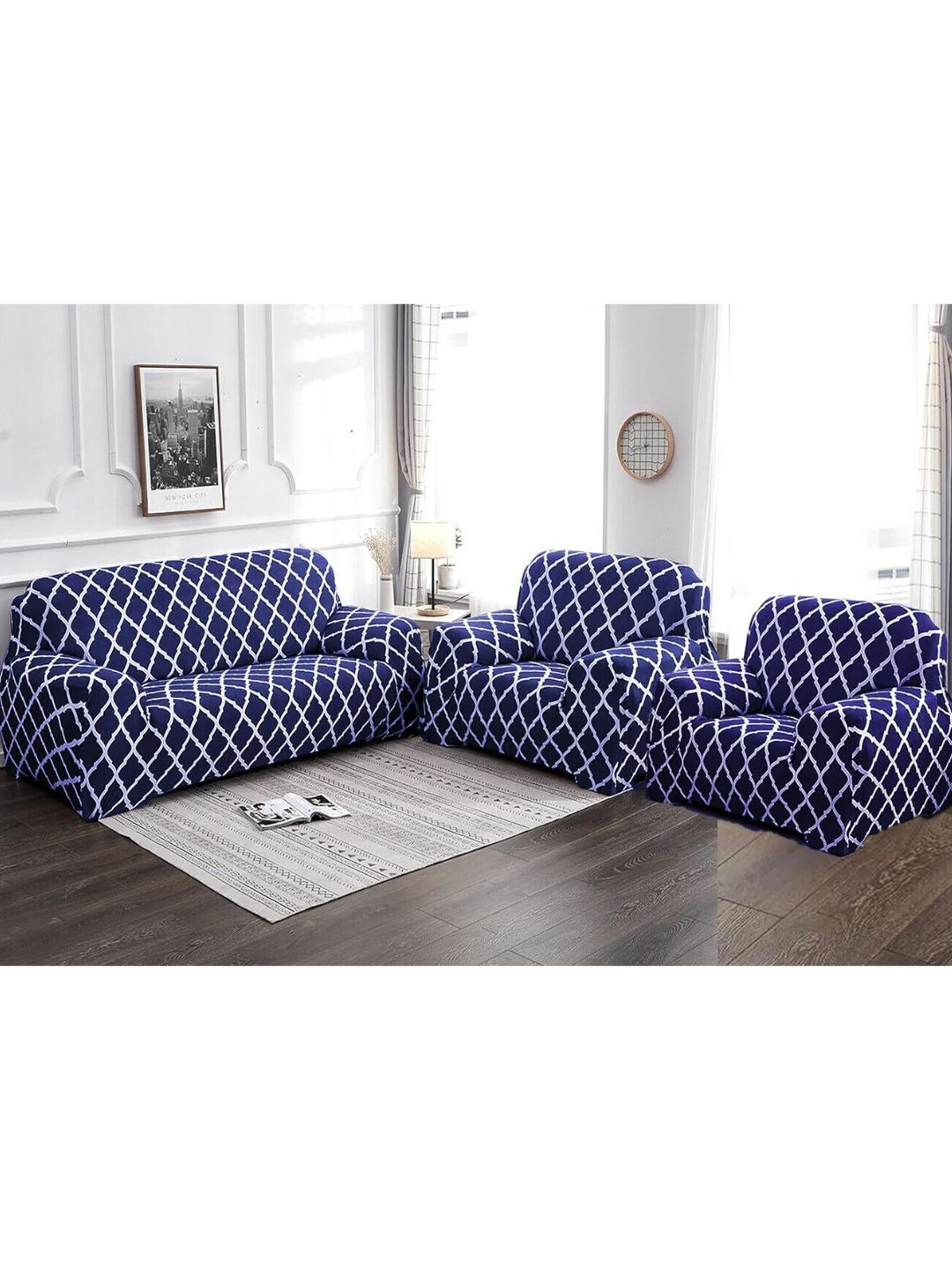 GIFTS ISLAND Blue & White Printed Polyester 3 Piece Sofa Cover With Arms