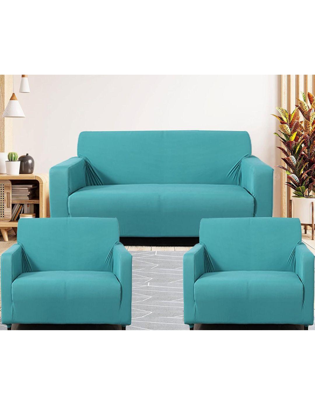 GIFTS ISLAND Teal Solid Polyester 3 Piece Sofa Cover With Arms