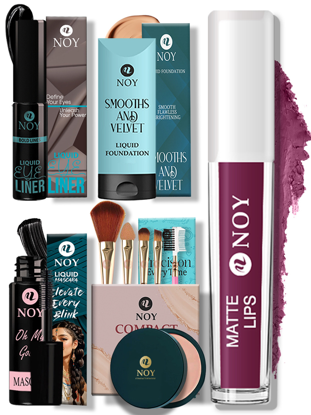 NOY 10-Piece Beauty Set with Brushes, Mascara, Foundation & Lipstick