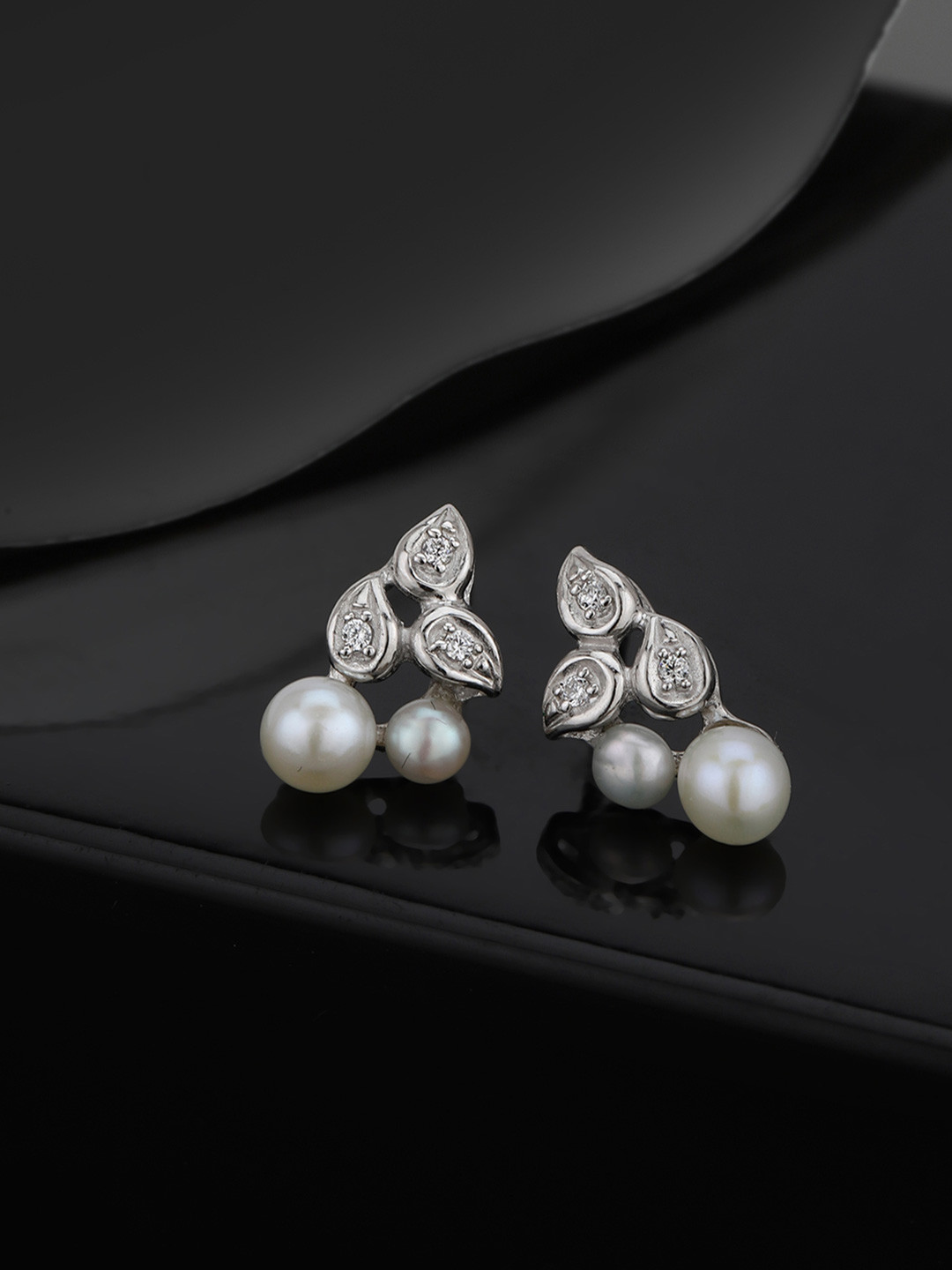 DressBerry 925 Sterling Silver Rhodium Plated CZ and Pearl Contemporary Stud Earring