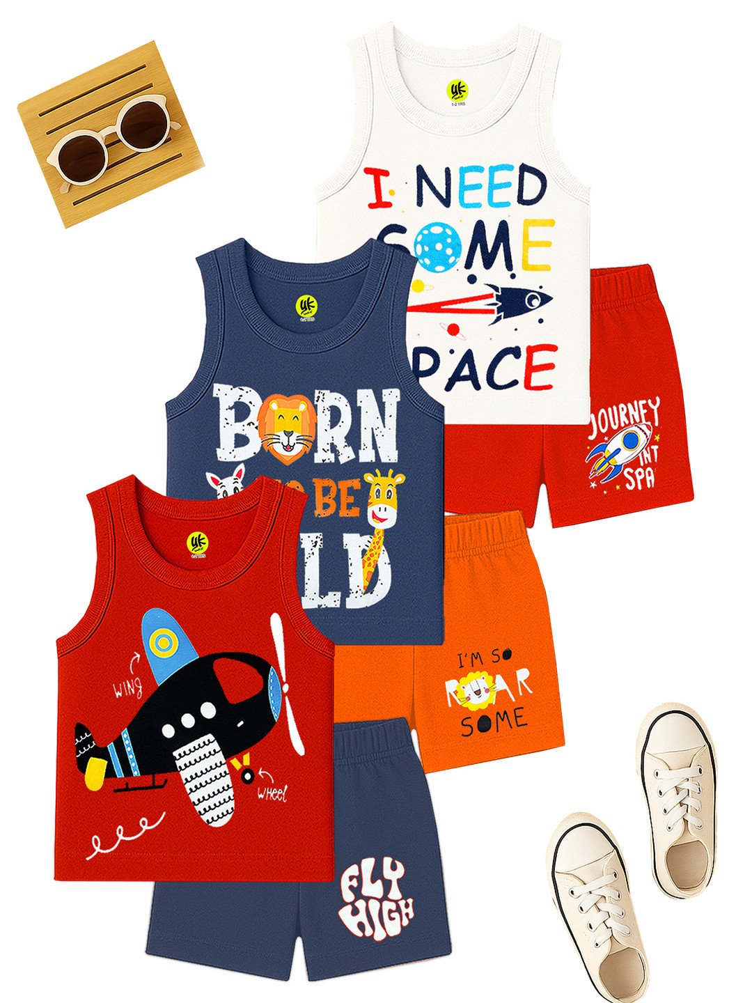 YK Boys Pack Of 3 Printed Round Neck T-Shirts With Shorts
