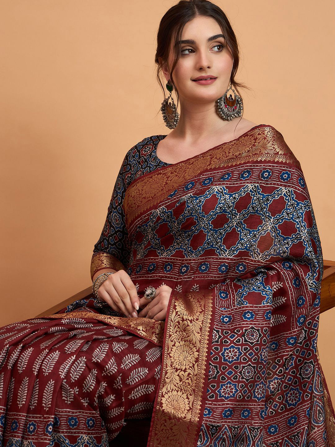 Mitera women modal Ajrak Printed Viscose Rayon Banarasi sareeWith Blouse Piece