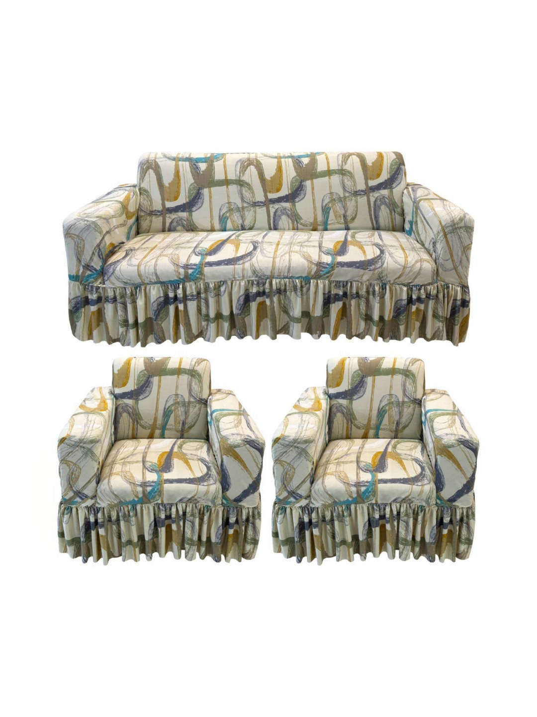 GIFTS ISLAND Beige & Yellow Printed Polyester 3 Piece Sofa Cover With Arms